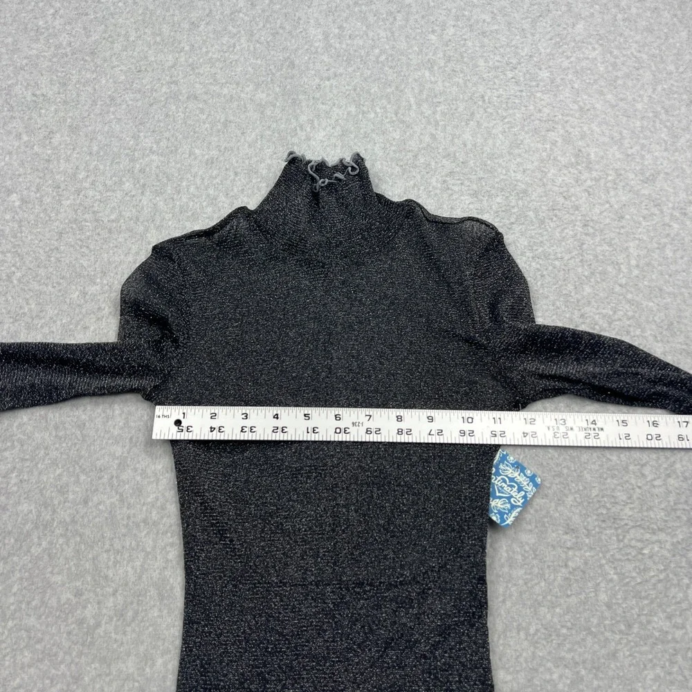 NEW Free People Pop It Layering Tee Women XS Black Shimmer Mock Neck Ruffle Trim